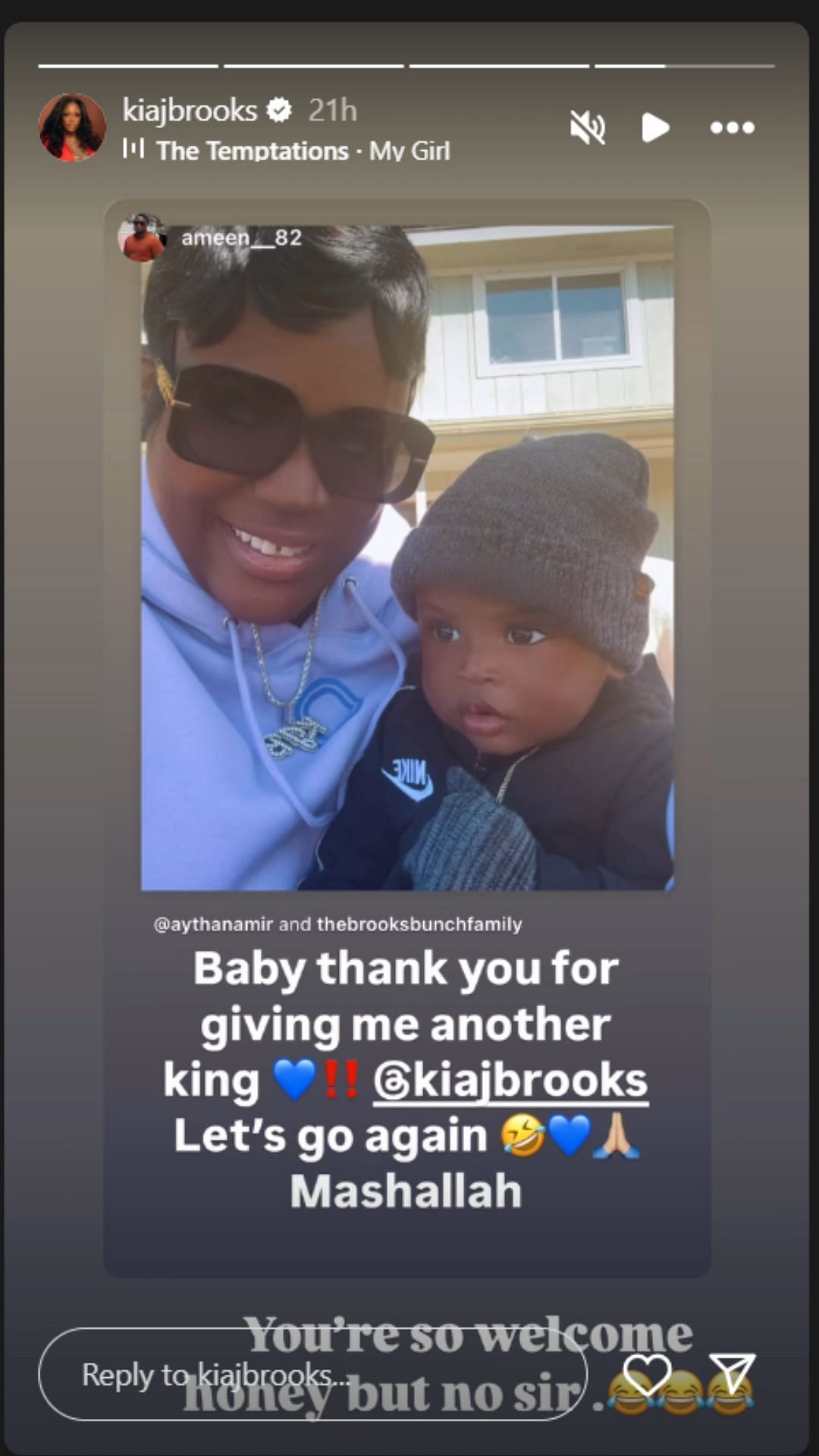 Flau'jae Johnson's mom Kia Brooks shares husband Ameen Brooks' Mother's Day IG story. Image via @kiajbrooks
